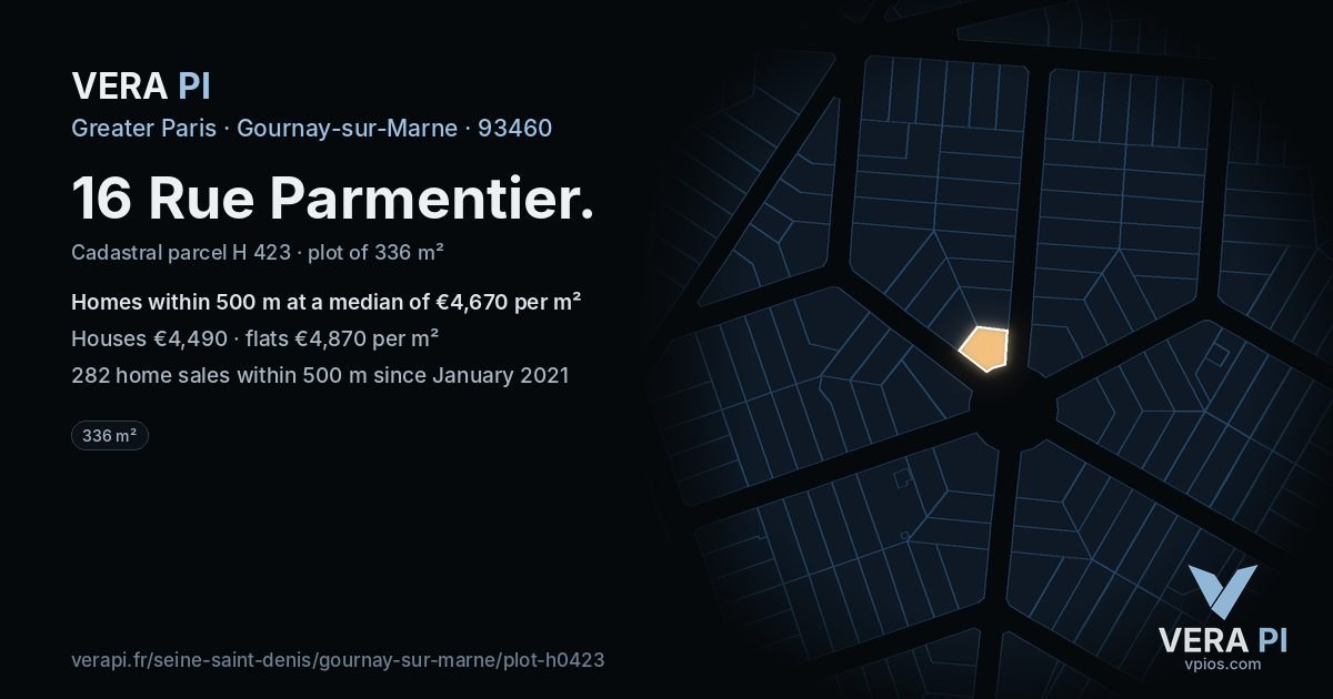 16 Rue Parmentier, Gournay-sur-Marne at night – the plot lit, the parcels around coloured by the prices near them