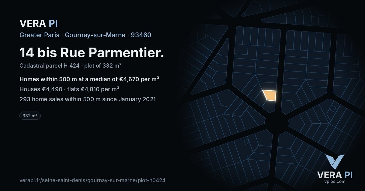 14 bis Rue Parmentier, Gournay-sur-Marne at night – the plot lit, the parcels around coloured by the prices near them