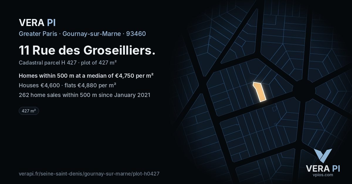 11 Rue des Groseilliers, Gournay-sur-Marne at night – the plot lit, the parcels around coloured by the prices near them