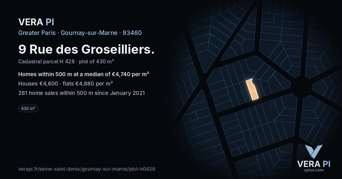 9 Rue des Groseilliers, Gournay-sur-Marne at night – the plot lit, the parcels around coloured by the prices near them