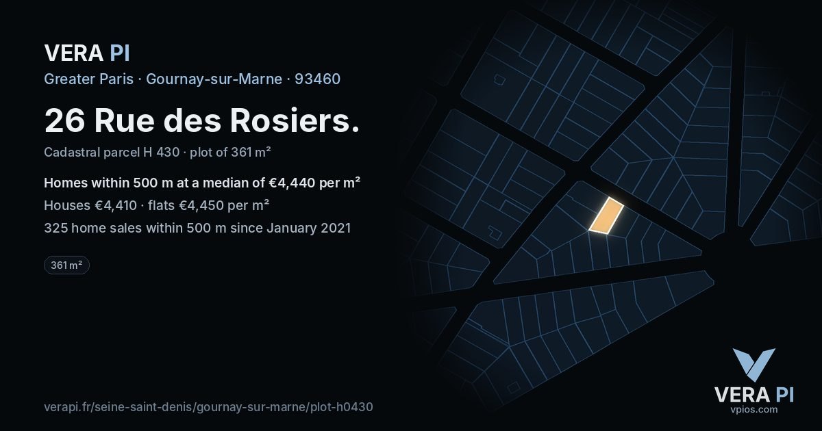 26 Rue des Rosiers, Gournay-sur-Marne at night – the plot lit, the parcels around coloured by the prices near them