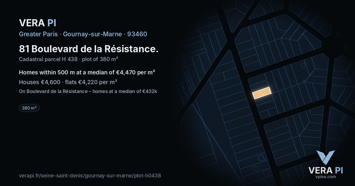81 Boulevard de la Résistance, Gournay-sur-Marne at night – the plot lit, the parcels around coloured by the prices near them