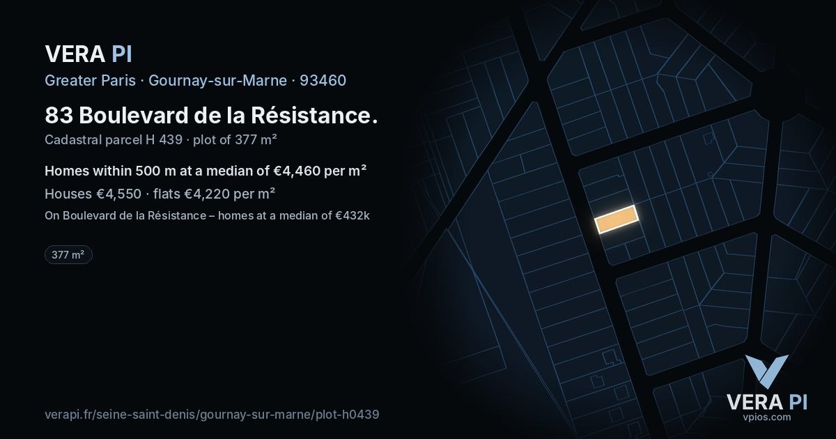 83 Boulevard de la Résistance, Gournay-sur-Marne at night – the plot lit, the parcels around coloured by the prices near them