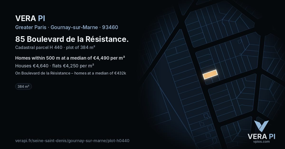 85 Boulevard de la Résistance, Gournay-sur-Marne at night – the plot lit, the parcels around coloured by the prices near them
