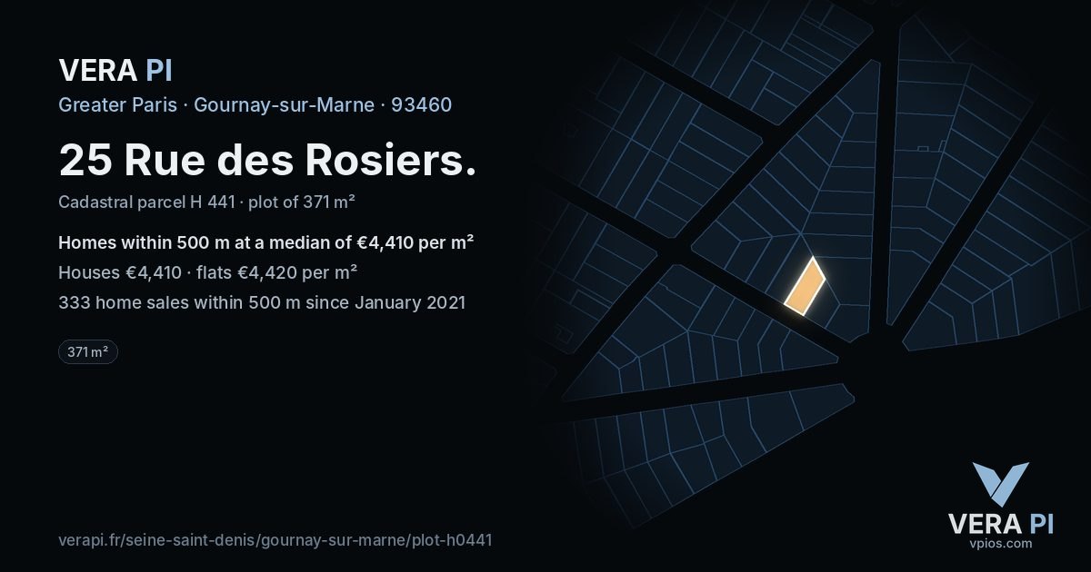 25 Rue des Rosiers, Gournay-sur-Marne at night – the plot lit, the parcels around coloured by the prices near them