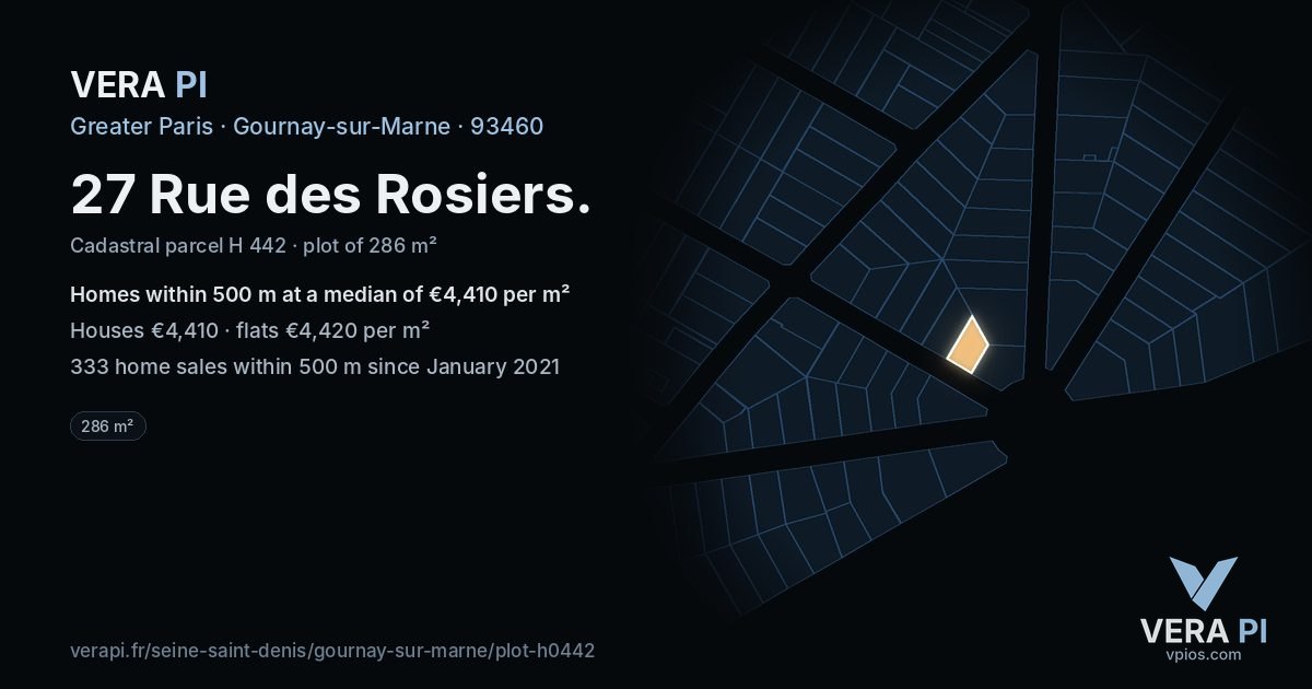 27 Rue des Rosiers, Gournay-sur-Marne at night – the plot lit, the parcels around coloured by the prices near them