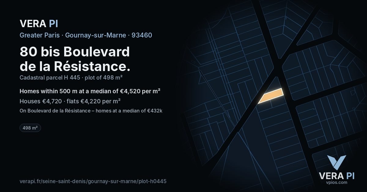 80 bis Boulevard de la Résistance, Gournay-sur-Marne at night – the plot lit, the parcels around coloured by the prices near them