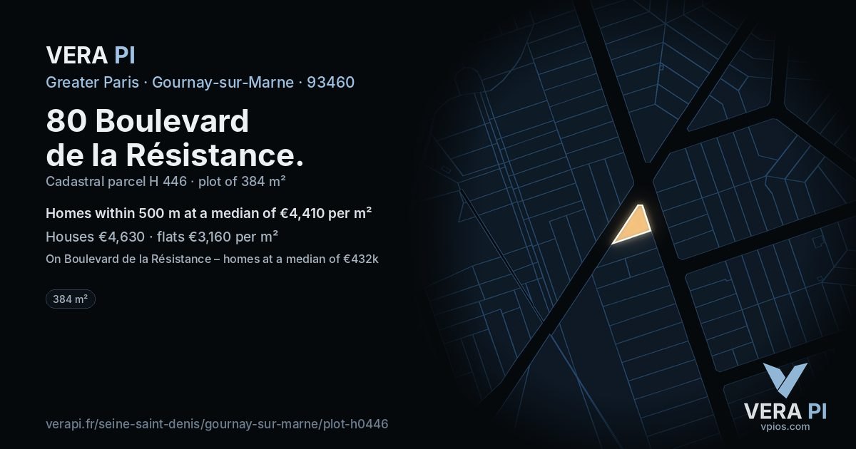 80 Boulevard de la Résistance, Gournay-sur-Marne at night – the plot lit, the parcels around coloured by the prices near them