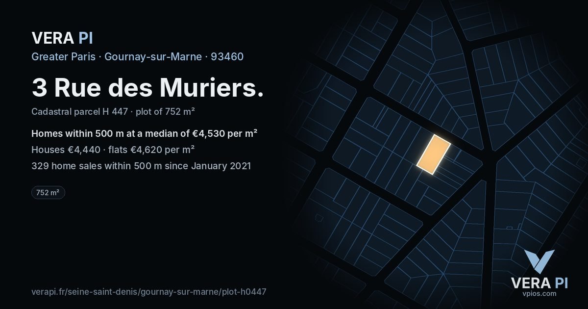 3 Rue des Muriers, Gournay-sur-Marne at night – the plot lit, the parcels around coloured by the prices near them