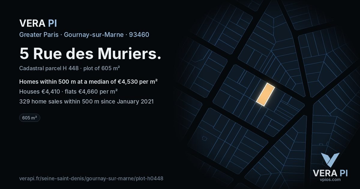 5 Rue des Muriers, Gournay-sur-Marne at night – the plot lit, the parcels around coloured by the prices near them
