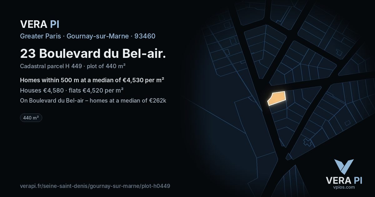 23 Boulevard du Bel-air, Gournay-sur-Marne at night – the plot lit, the parcels around coloured by the prices near them