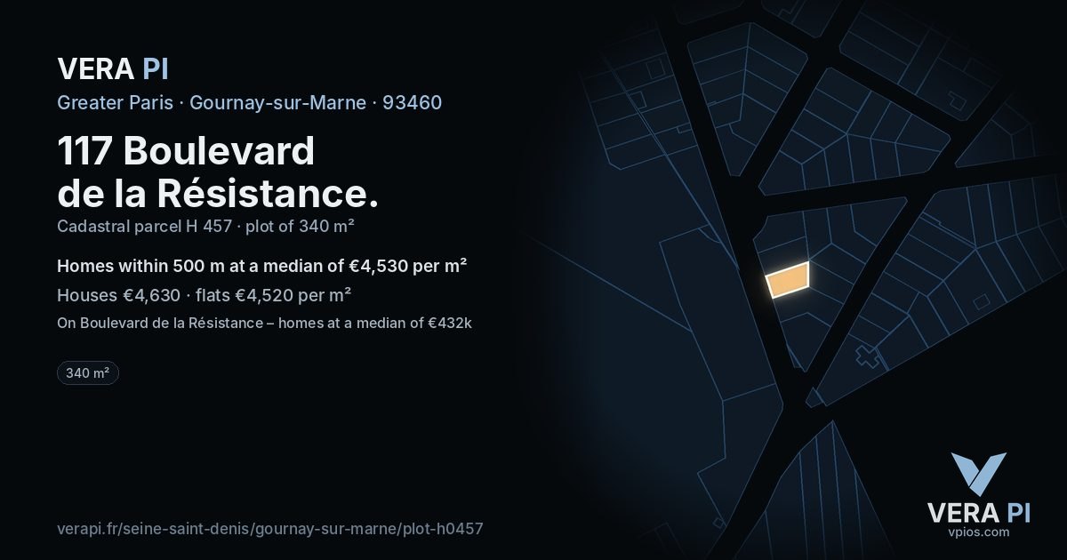117 Boulevard de la Résistance, Gournay-sur-Marne at night – the plot lit, the parcels around coloured by the prices near them
