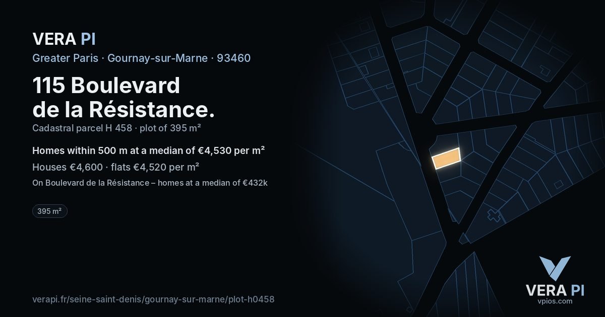 115 Boulevard de la Résistance, Gournay-sur-Marne at night – the plot lit, the parcels around coloured by the prices near them
