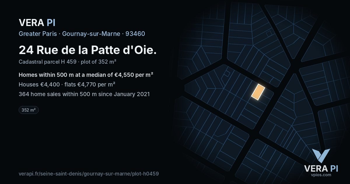 24 Rue de la Patte d'Oie, Gournay-sur-Marne at night – the plot lit, the parcels around coloured by the prices near them