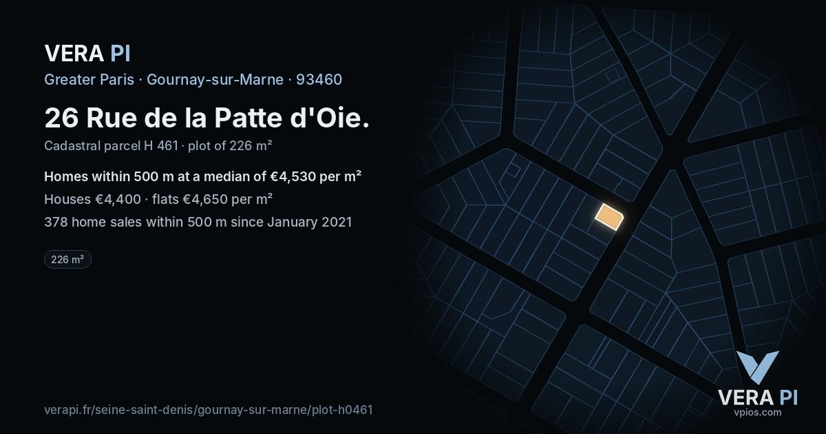 26 Rue de la Patte d'Oie, Gournay-sur-Marne at night – the plot lit, the parcels around coloured by the prices near them