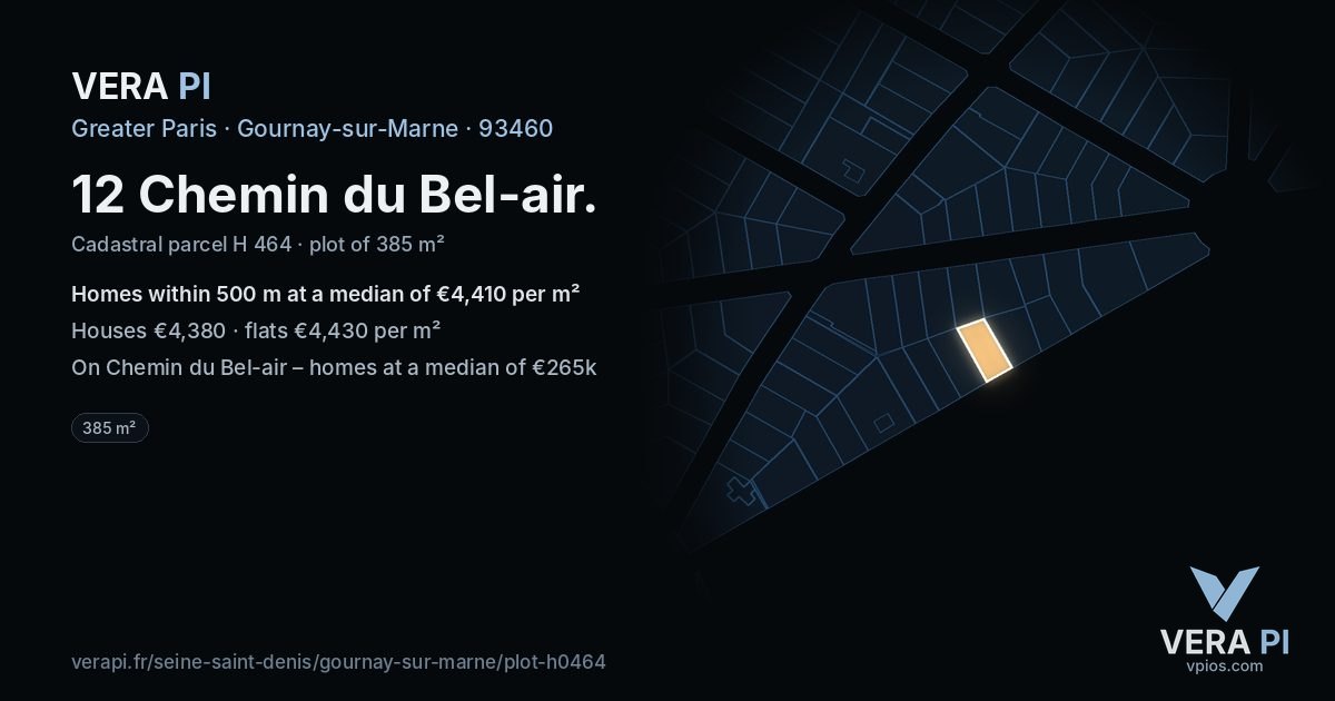 12 Chemin du Bel-air, Gournay-sur-Marne at night – the plot lit, the parcels around coloured by the prices near them