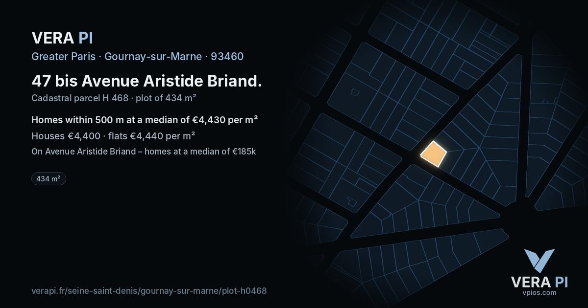47 bis Avenue Aristide Briand, Gournay-sur-Marne at night – the plot lit, the parcels around coloured by the prices near them