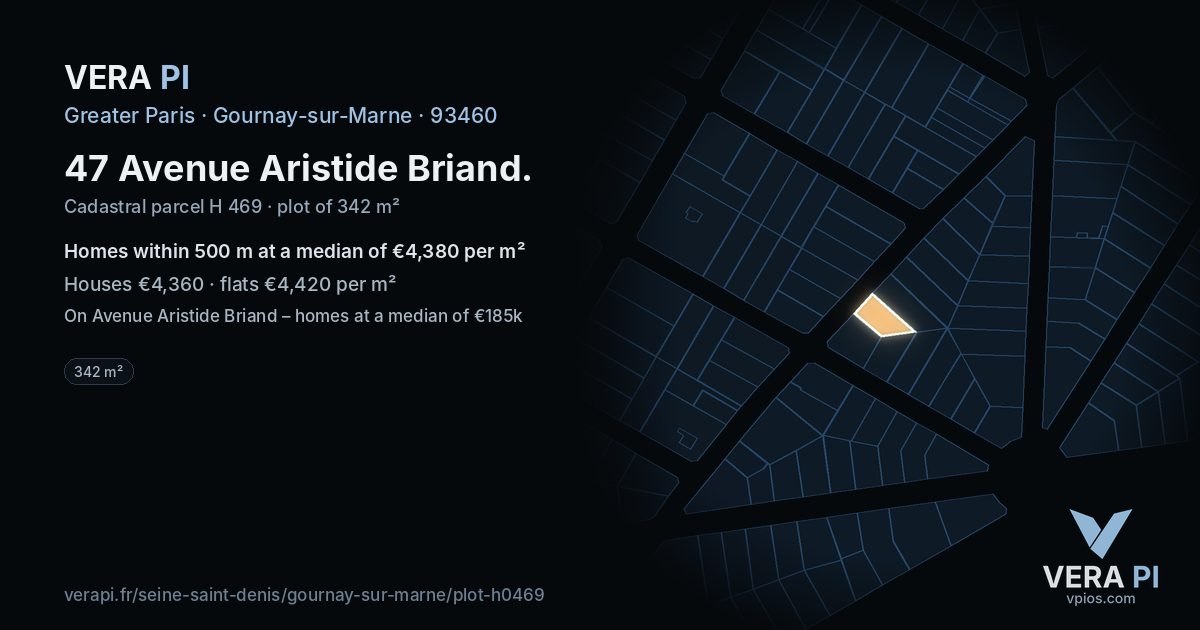 47 Avenue Aristide Briand, Gournay-sur-Marne at night – the plot lit, the parcels around coloured by the prices near them