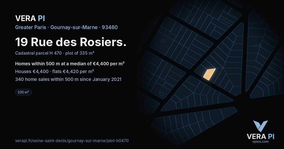 19 Rue des Rosiers, Gournay-sur-Marne at night – the plot lit, the parcels around coloured by the prices near them