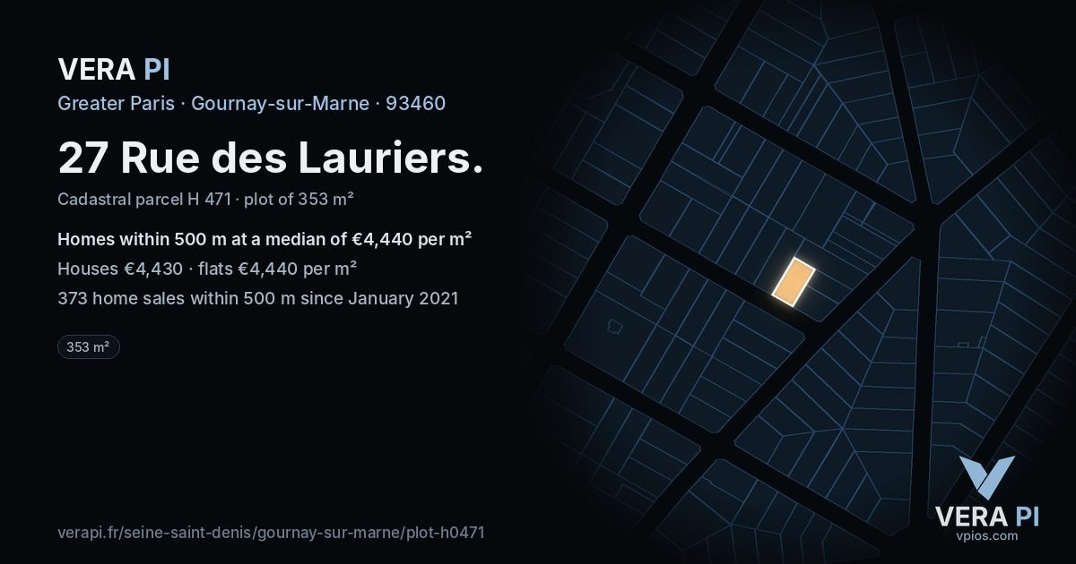 27 Rue des Lauriers, Gournay-sur-Marne at night – the plot lit, the parcels around coloured by the prices near them