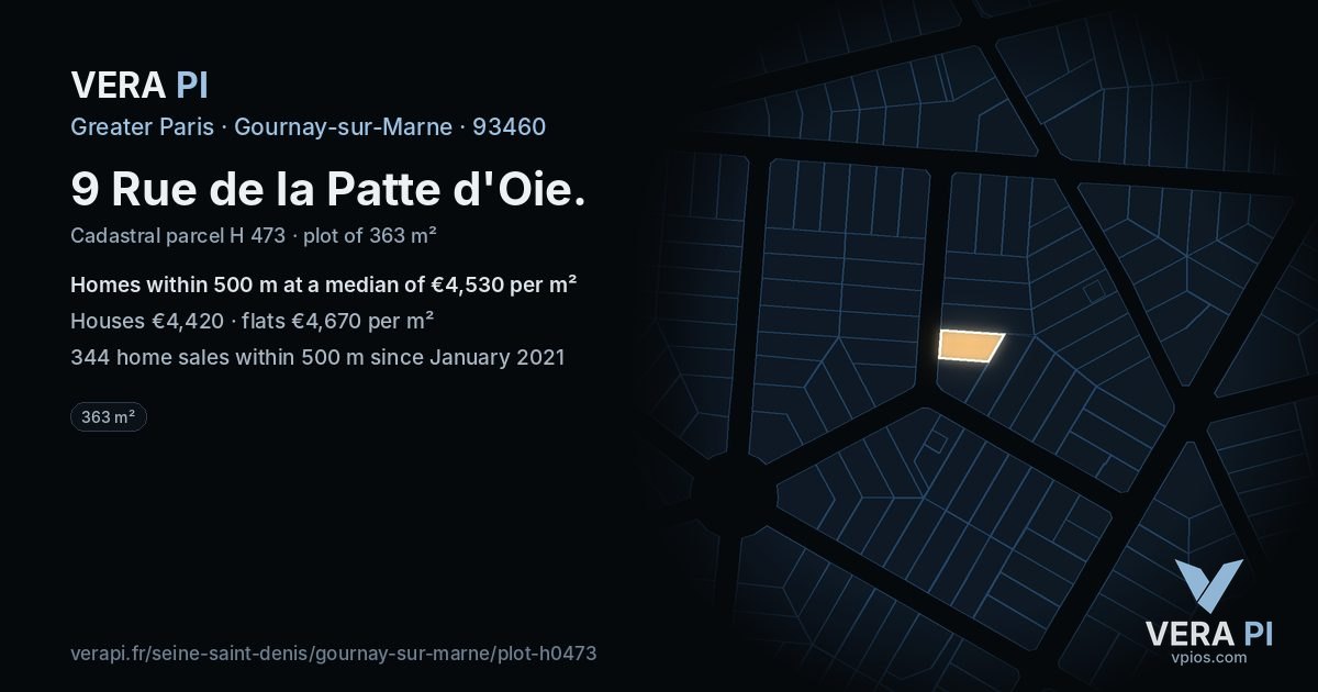 9 Rue de la Patte d'Oie, Gournay-sur-Marne at night – the plot lit, the parcels around coloured by the prices near them