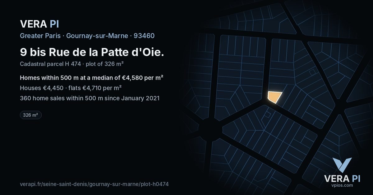 9 bis Rue de la Patte d'Oie, Gournay-sur-Marne at night – the plot lit, the parcels around coloured by the prices near them