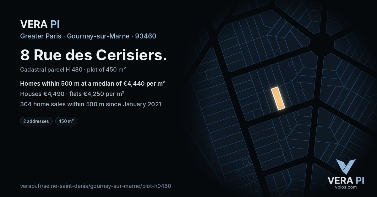 8 Rue des Cerisiers, Gournay-sur-Marne at night – the plot lit, the parcels around coloured by the prices near them