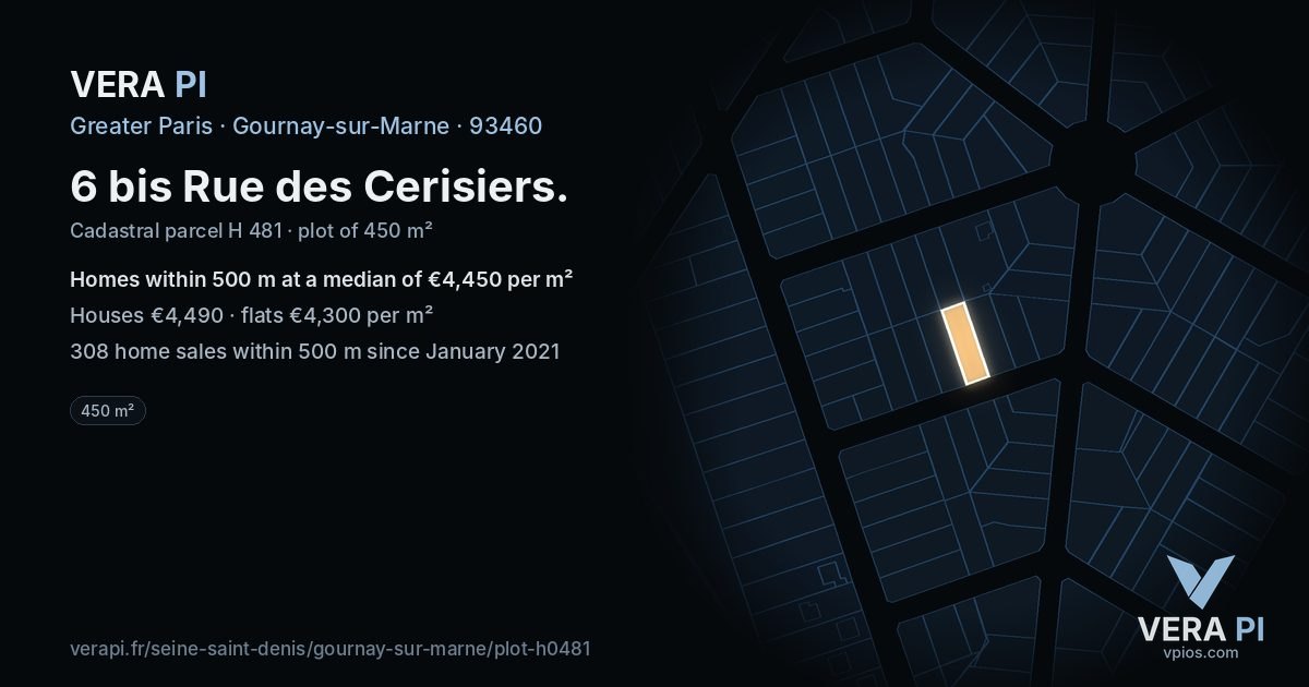 6 bis Rue des Cerisiers, Gournay-sur-Marne at night – the plot lit, the parcels around coloured by the prices near them
