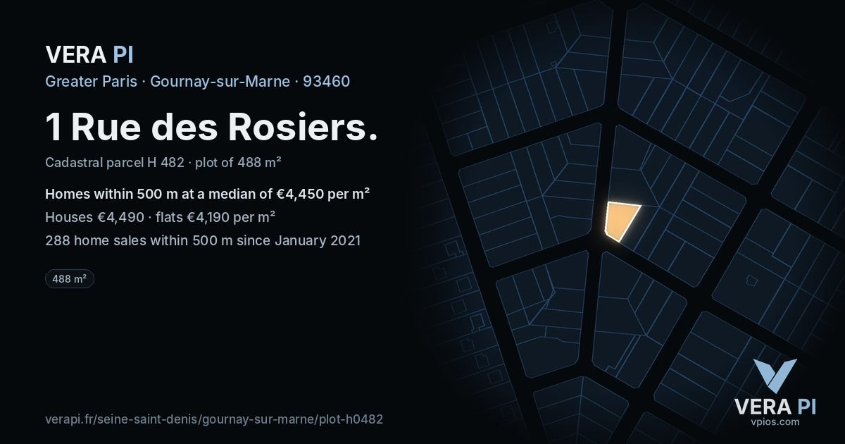 1 Rue des Rosiers, Gournay-sur-Marne at night – the plot lit, the parcels around coloured by the prices near them