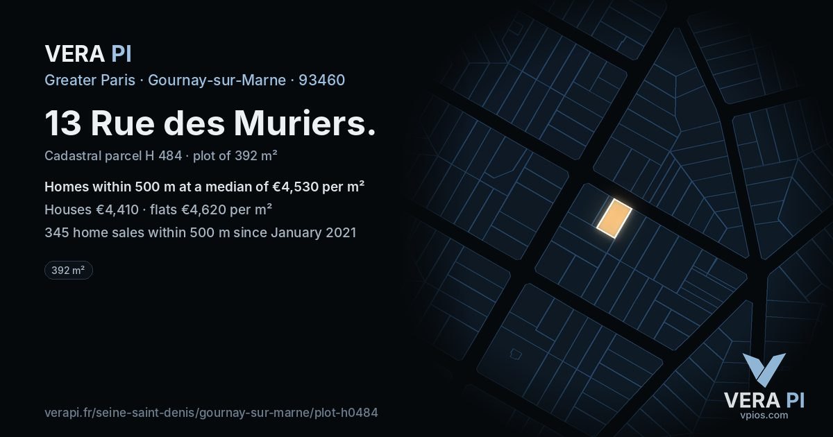 13 Rue des Muriers, Gournay-sur-Marne at night – the plot lit, the parcels around coloured by the prices near them