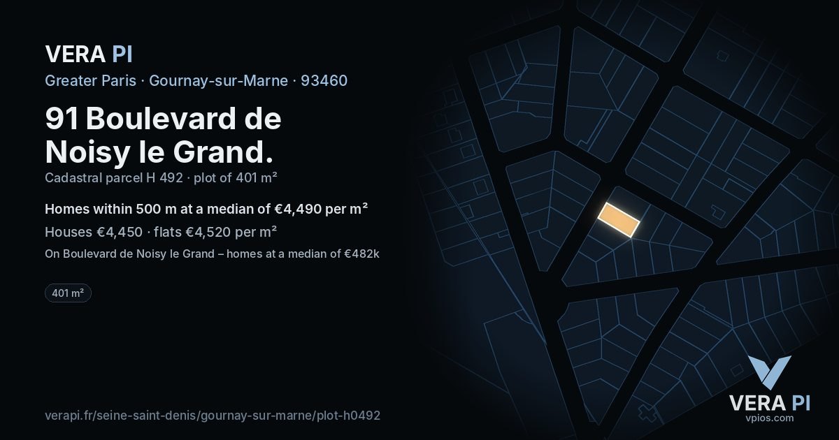 91 Boulevard de Noisy le Grand, Gournay-sur-Marne at night – the plot lit, the parcels around coloured by the prices near them