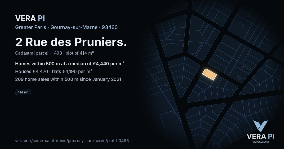 2 Rue des Pruniers, Gournay-sur-Marne at night – the plot lit, the parcels around coloured by the prices near them