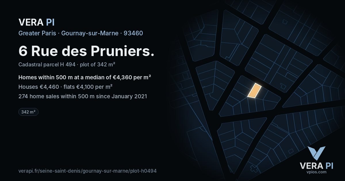 6 Rue des Pruniers, Gournay-sur-Marne at night – the plot lit, the parcels around coloured by the prices near them