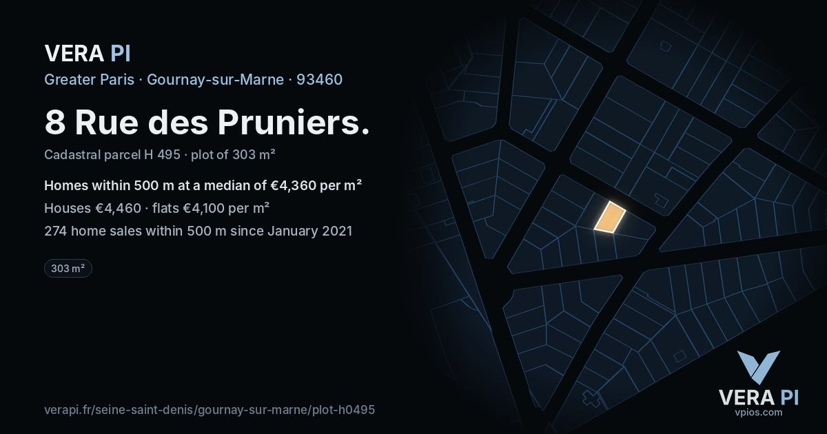 8 Rue des Pruniers, Gournay-sur-Marne at night – the plot lit, the parcels around coloured by the prices near them
