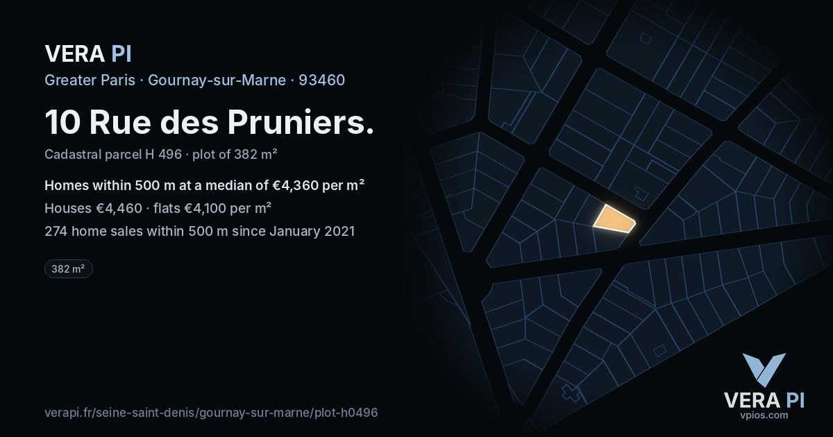 10 Rue des Pruniers, Gournay-sur-Marne at night – the plot lit, the parcels around coloured by the prices near them