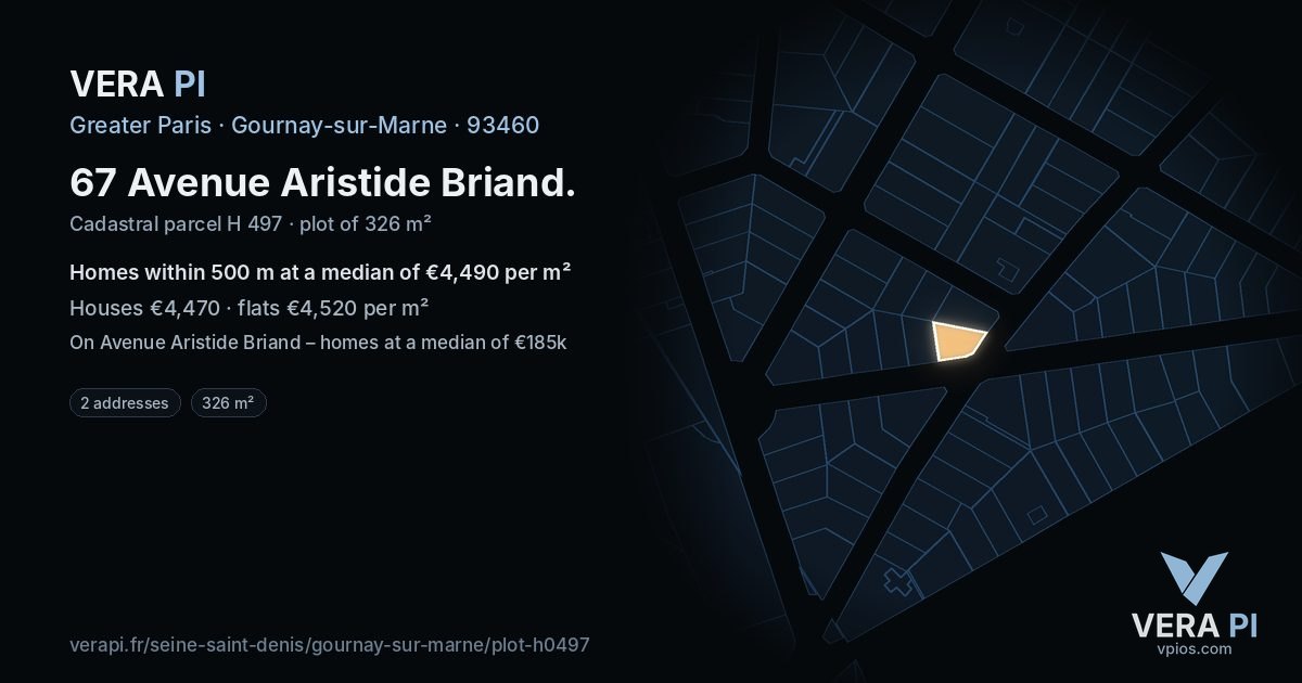 67 Avenue Aristide Briand, Gournay-sur-Marne at night – the plot lit, the parcels around coloured by the prices near them