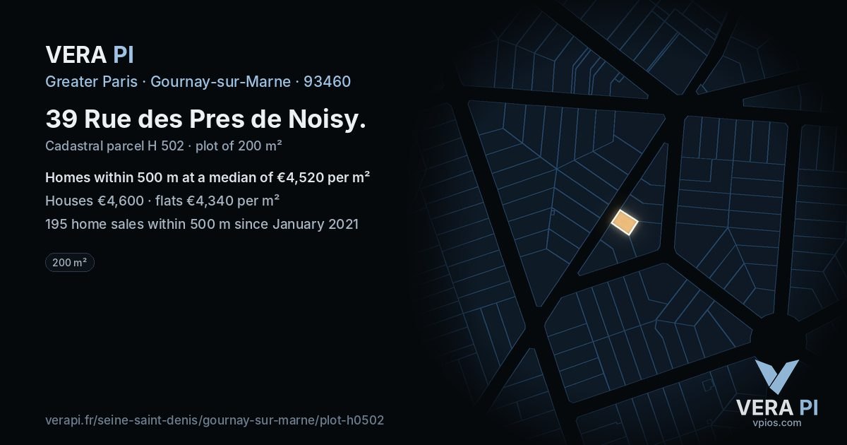 39 Rue des Pres de Noisy, Gournay-sur-Marne at night – the plot lit, the parcels around coloured by the prices near them