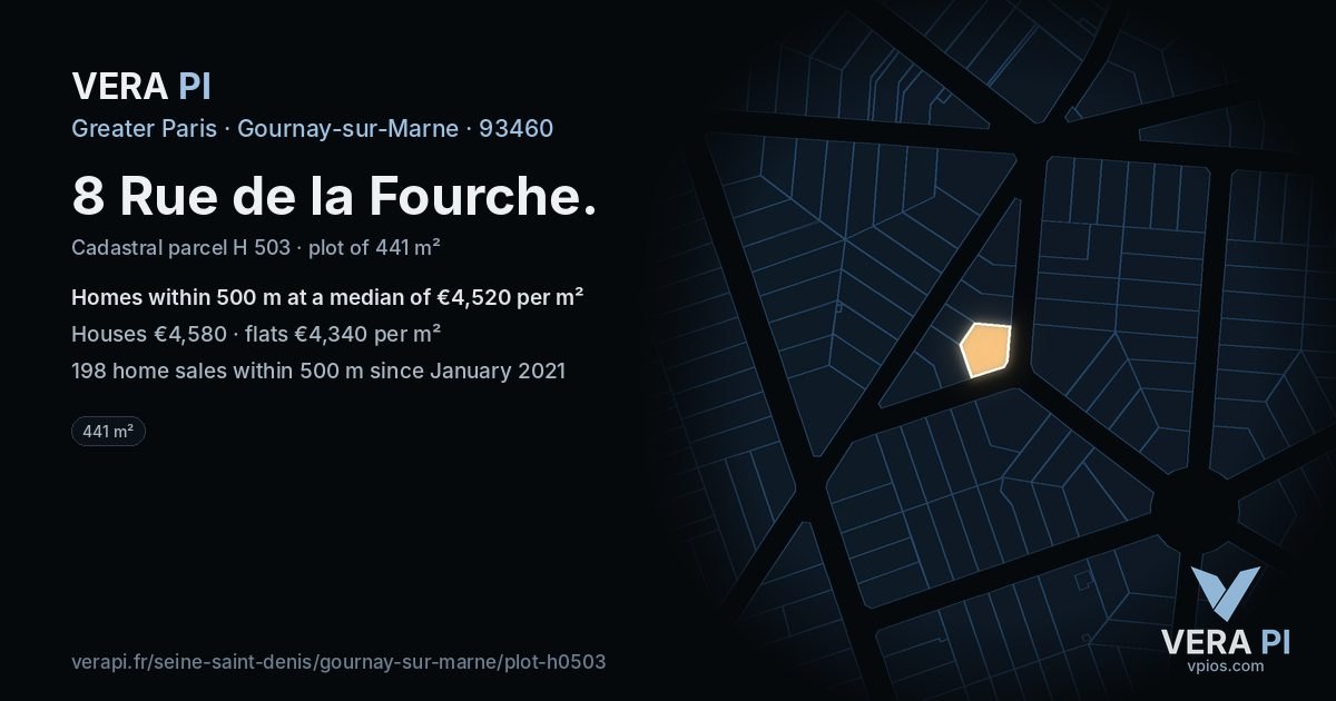 8 Rue de la Fourche, Gournay-sur-Marne at night – the plot lit, the parcels around coloured by the prices near them