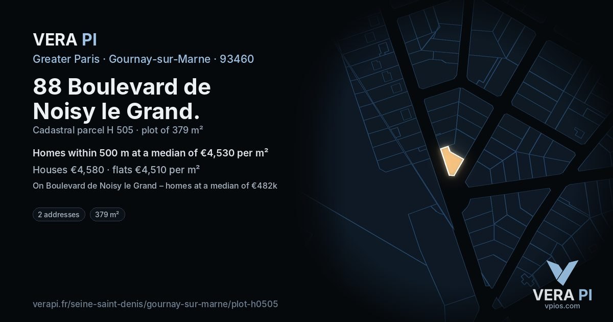 88 Boulevard de Noisy le Grand, Gournay-sur-Marne at night – the plot lit, the parcels around coloured by the prices near them
