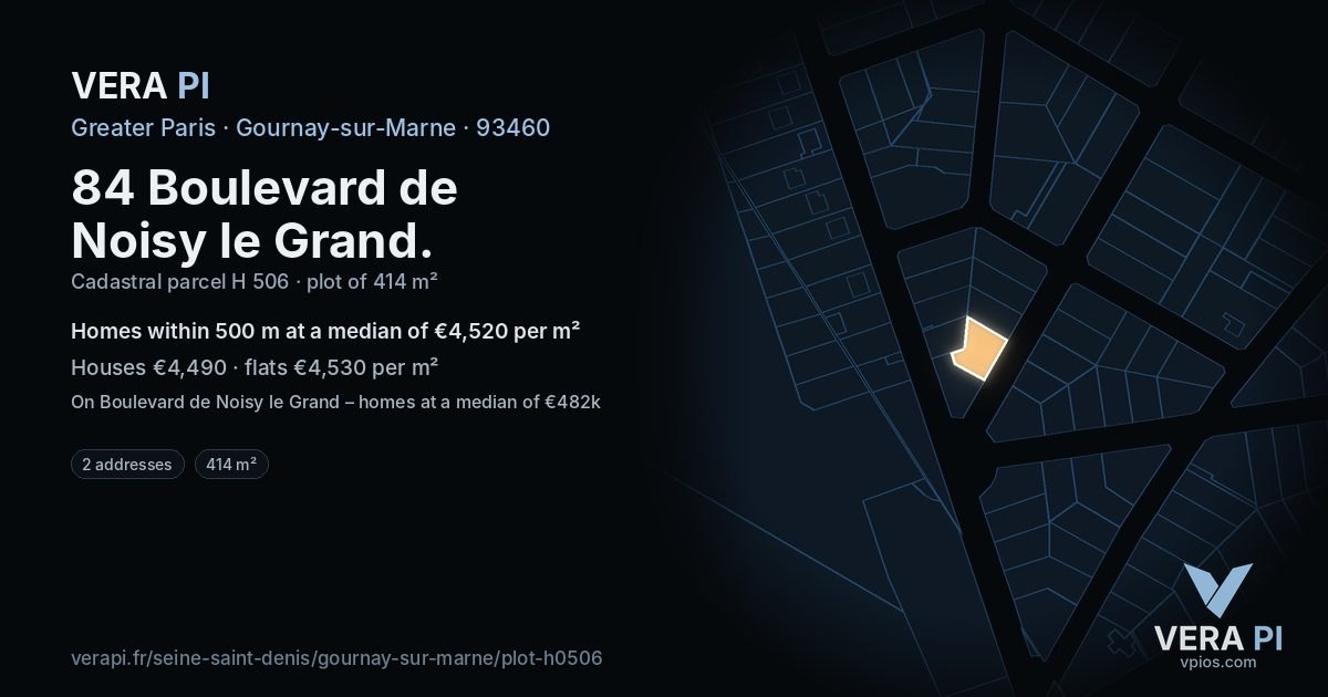84 Boulevard de Noisy le Grand, Gournay-sur-Marne at night – the plot lit, the parcels around coloured by the prices near them