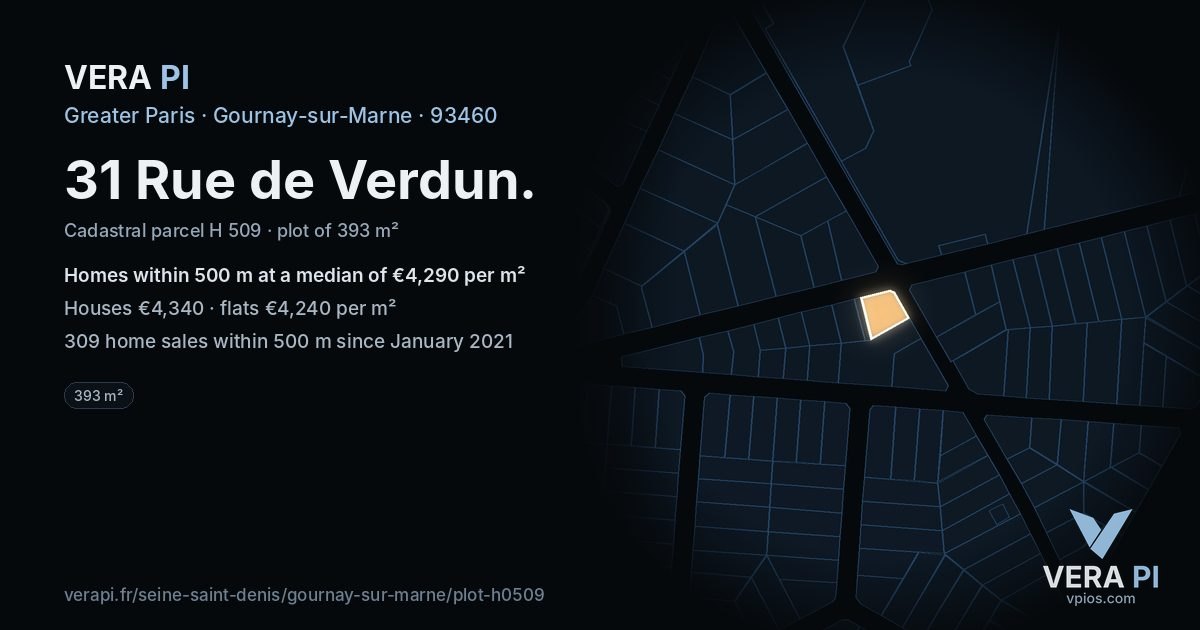 31 Rue de Verdun, Gournay-sur-Marne at night – the plot lit, the parcels around coloured by the prices near them