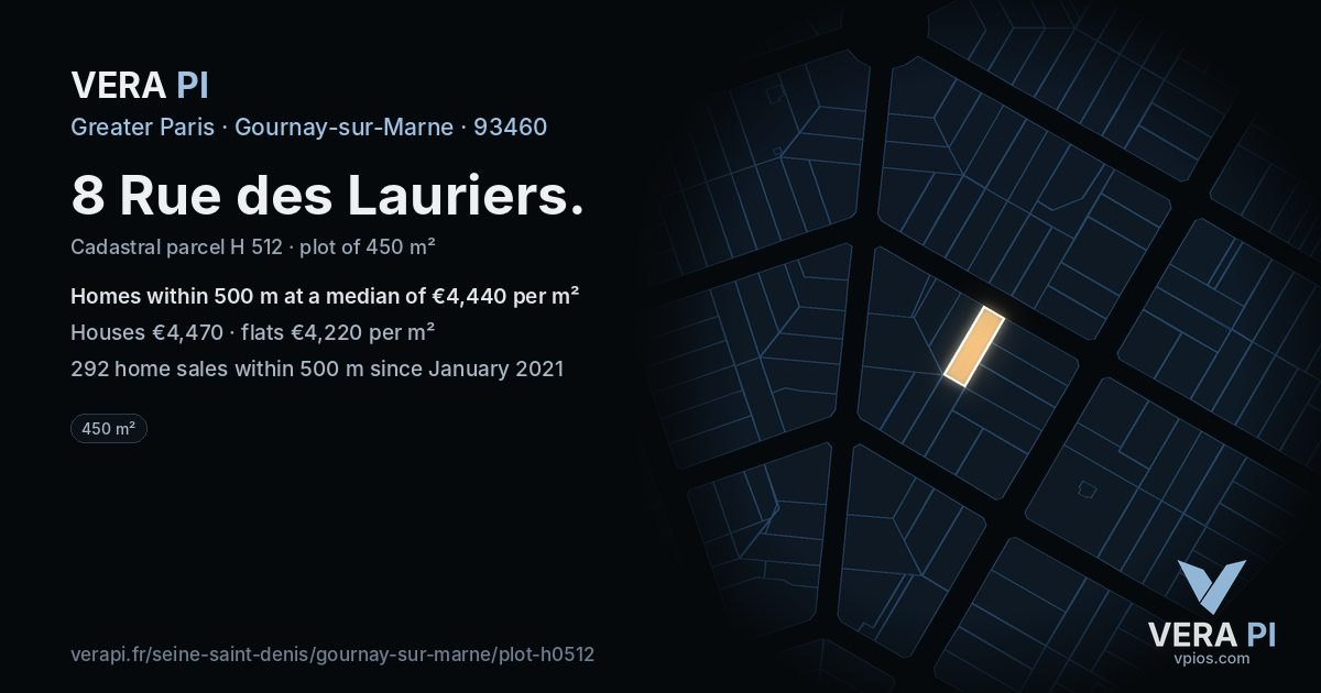 8 Rue des Lauriers, Gournay-sur-Marne at night – the plot lit, the parcels around coloured by the prices near them