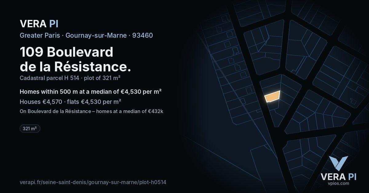 109 Boulevard de la Résistance, Gournay-sur-Marne at night – the plot lit, the parcels around coloured by the prices near them