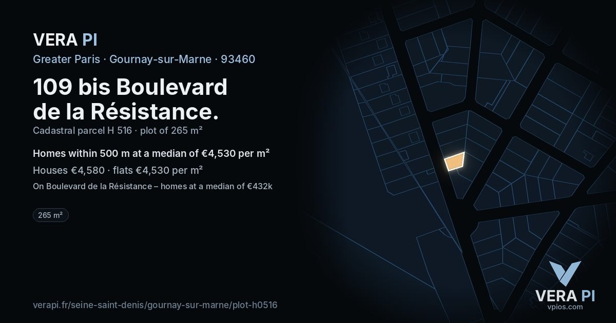 109 bis Boulevard de la Résistance, Gournay-sur-Marne at night – the plot lit, the parcels around coloured by the prices near them