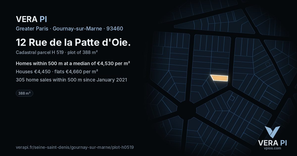 12 Rue de la Patte d'Oie, Gournay-sur-Marne at night – the plot lit, the parcels around coloured by the prices near them