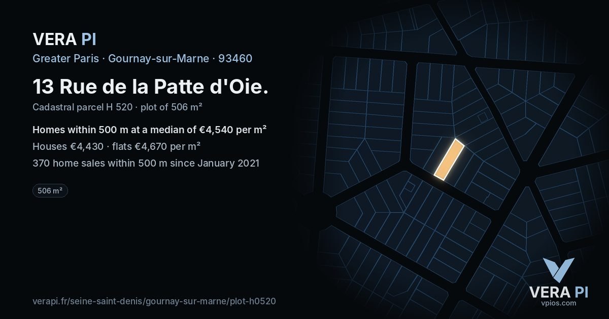 13 Rue de la Patte d'Oie, Gournay-sur-Marne at night – the plot lit, the parcels around coloured by the prices near them