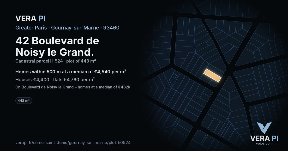 42 Boulevard de Noisy le Grand, Gournay-sur-Marne at night – the plot lit, the parcels around coloured by the prices near them