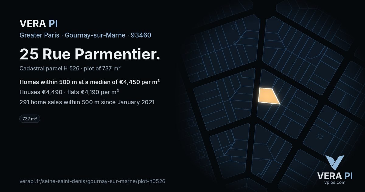 25 Rue Parmentier, Gournay-sur-Marne at night – the plot lit, the parcels around coloured by the prices near them