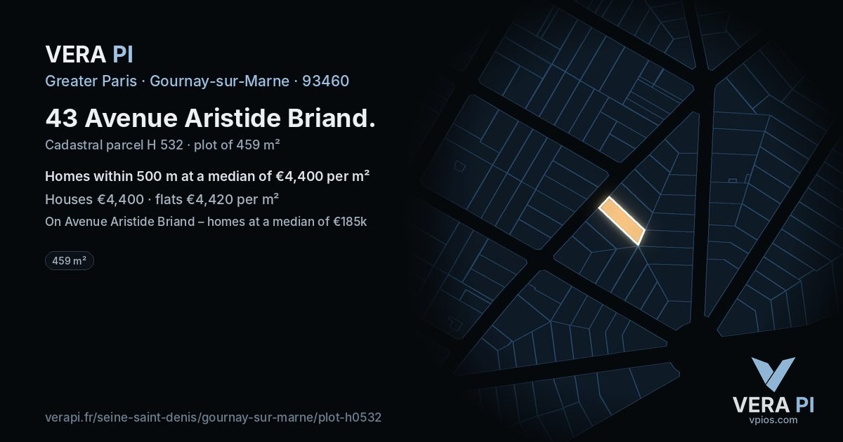 43 Avenue Aristide Briand, Gournay-sur-Marne at night – the plot lit, the parcels around coloured by the prices near them