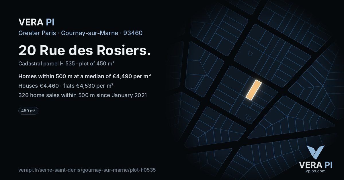 20 Rue des Rosiers, Gournay-sur-Marne at night – the plot lit, the parcels around coloured by the prices near them